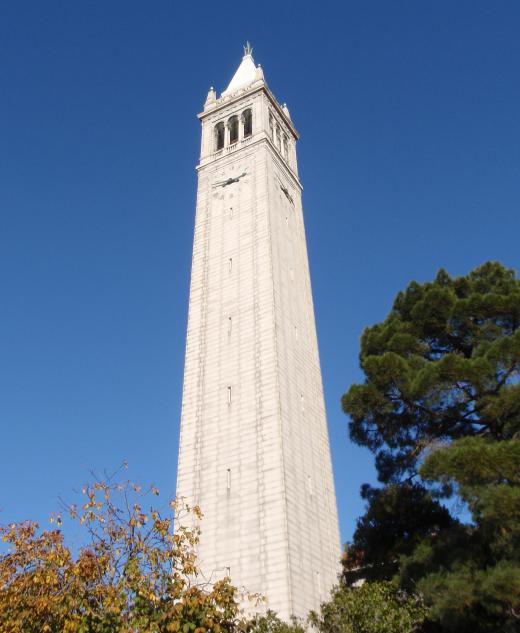 Sather Tower at the University of California, Berkeley. Einsteinium was discovered at UC Berkeley.