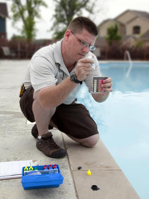 One type of bromine test includes pool water being collected and combined with another chemical.