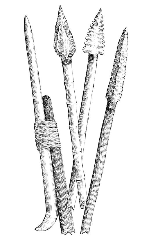 Prehistoric tools included spears with stone heads that were chipped to gain a sharper edge.